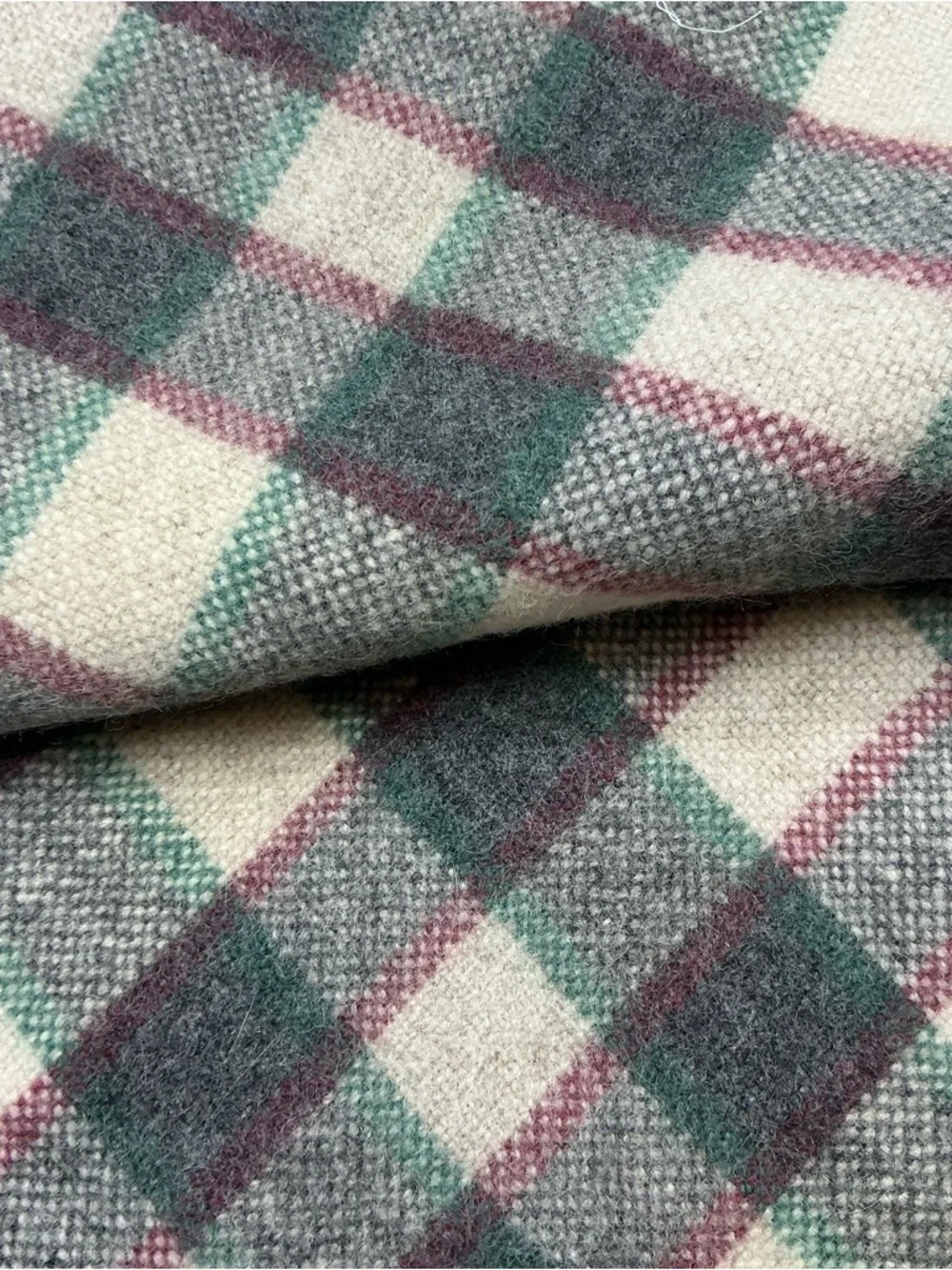 Vintage plaid red, cream, green and gray wool blanket 58x67